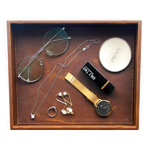 Vixdonos Leather Valet Tray Rectangular Catchall Tray Counter Organizer for Key,Jewelry,Perfume,Glasses and Watches(Brown)