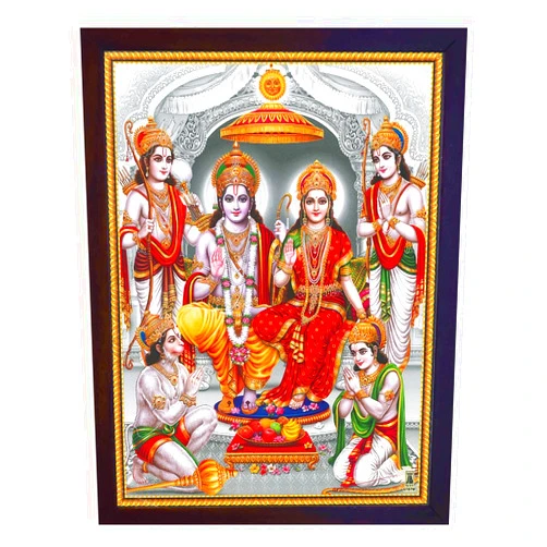 SANVIKA Hanuman Showing His Humbleness in Ram Darbar and Mata Sita Giving Blessings. A Holy Religious Poster Painting with Frame for Hindu Worship Purpose (COL11)