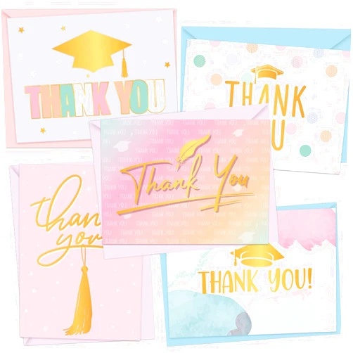 GRADESIN 25 Graduation Thank You Cards Bulk 2025 with Envelopes & Stickers - Gold Foil Pastel Color Blank Grad Thank You Cards Notes for Girls, 5 Cover Designs
