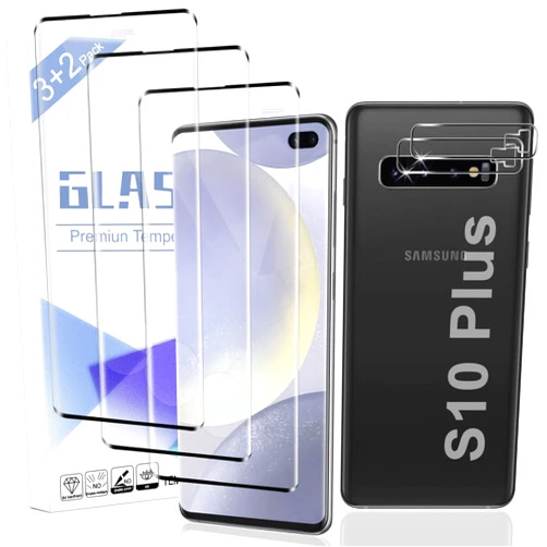 SURFCUZ 3+2 Pack for Galaxy S10 Plus HD Tempered Glass Screen Protector with 3 Glass Screen Protectors and 2 Camera Lens Films - 9H Hardness, Fingerprint Unlock Support，Anti-Shatter，Easy Installation-6.4 Inch