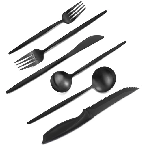 VANVRO 48 Pieces Matte Black Silverware Set with Steak Knives, Satin Finish tableware Cutlery Set, Home and Restaurant, Service for 8, Dishwasher Safe