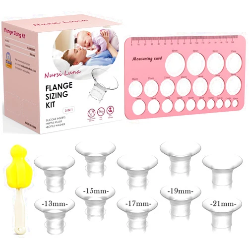 Nursi Luna Flange Sizing Kit 3 in 1 Ultimate with 10PCS Flange Inserts 13/15/17/19/21mm, Nipple Ruler, Cleaning Brush, Silicone Flange Insert Kit for 24mm Most Pumps, Pumping Breastfeeding Essentials