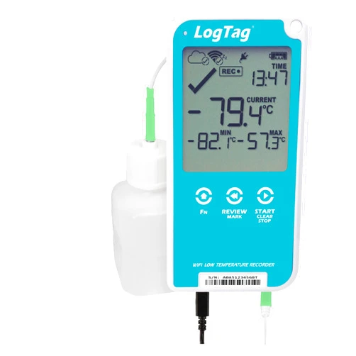 LogTag UTREL30-WiFi Single Channel Kit Includes: Data Logger, ST10M-15 External Probe with Buffer Bottle, Wall Mount Bracket & NIST Calibration Certificate, Blue/White