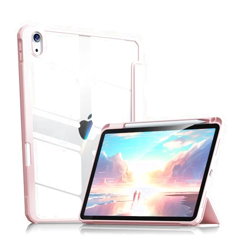 Aoub Case for iPad 10th Generation 10.9 inch 2022 -[Built-in Pencil Holder] Clear Transparent Back Shell with Trifold Stand Shockproof Cover, Auto Sleep/Wake, Pink