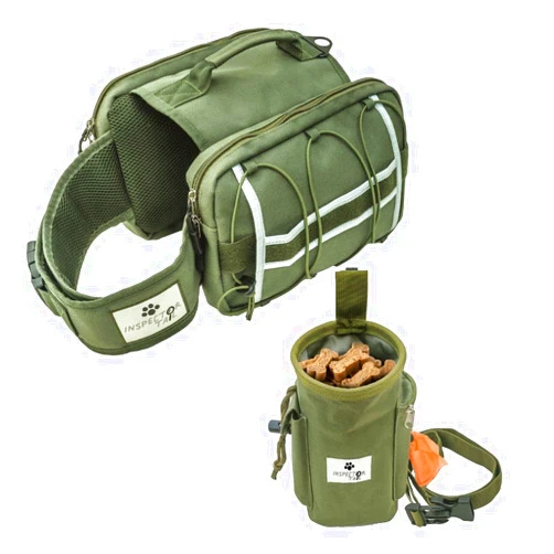 INSPECTOR TAIL Comfortable Backpack for Anxious & Energetic Dogs w Treat Bag Bundle | Saddle Bag for More Focused & Calmer Hound | Reflective & Lightweight Harness w Roomy Pockets | Khaki
