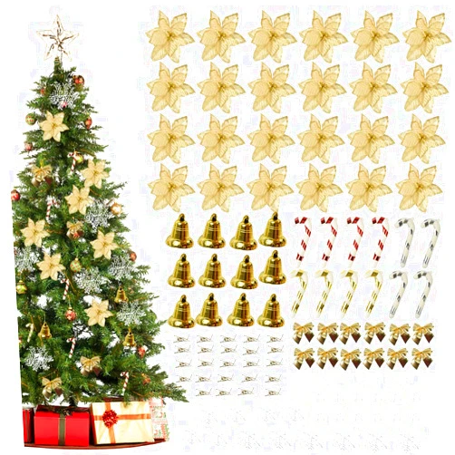 MODSIGHT Christmas Tree Ornaments Set, 120 PCS Bell Bows Crutches Flowers Snowflake Ornaments for Christmas Tree, Xmas Decorations for Tree Holiday New Year Party Decor