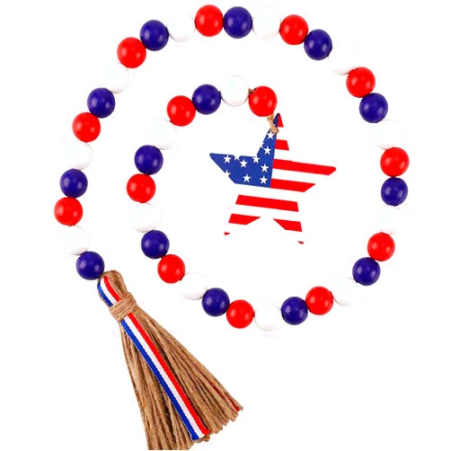 G-J Independence Day Wood Beads Garland 4th of July Patriotic Tiered Tray Decorations with Tassel American Flag Memorial Day Farmhouse Rustic Wood Beads Decor Set for Party Wall Hanging Ornaments