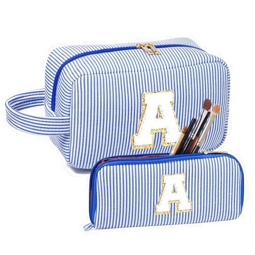 Avgiedy 2Pcs Makeup Bag, Cute Cosmetic Bag, Personalized Initial Preppy Large Capacity Travel Makeup Bag Organizer, Makeup Bag is for Mother, Wife, Friends Birthday, Valentine's Day Gifts-Blue