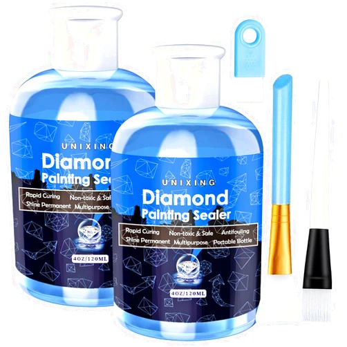 Unixing 2 Pack Diamond Painting Sealer with 3 Brushes, 8OZ Diamond Painting Glue Diamond Art Sealer Glue, 5D Diamond Painting Accessories Permanent Hold Shine Effect Sealer for Diamond Painting & Puzzle