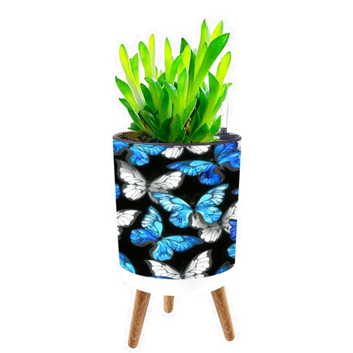 UHMLTCRBOD Planter with Stand Realistic Blue White Butterflies Pattern Black Boho Plant Pot with Legs Standing 8.7” Self-Watering Flower Pots with Water Inlet & Water Level Indicator Indoor Decor