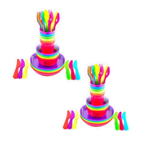 Cuddly Hippo Kids Plastic Dinnerware Set of 72 Multi Color Pieces (Plates, Bowls, Cups and Flatware) - Reusable, BPA-Free, Dishwasher Safe and Microwaveable