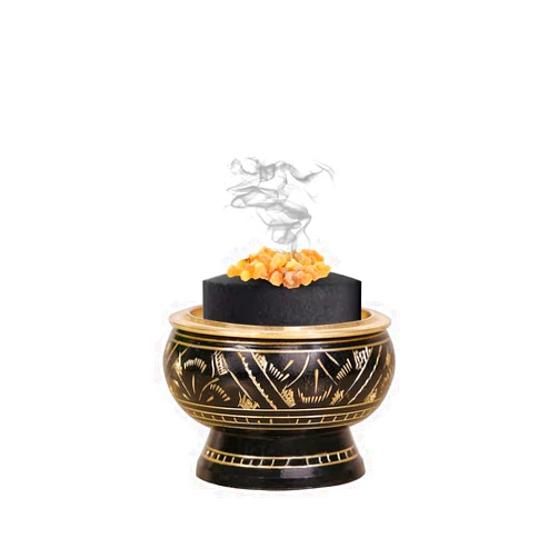 ARO VATIKA Incense Brass Burner (Black) | Used for Burning Charcoal, Sambrani, Dhoop & Gums | for Office Temple Prayer | Wooden Coaster to Hold | Home Purifying Loban Stand