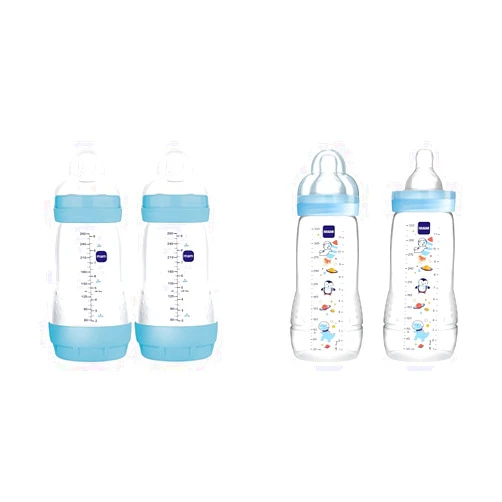 MAM Easy Start Matte Anti-Colic Baby Bottles, Medium Flow Nipples, 9 oz (2 Count) & MAM Easy Active Baby Bottles, Fast Flow, 11 oz (2 Count) Bundle for Baby Boy