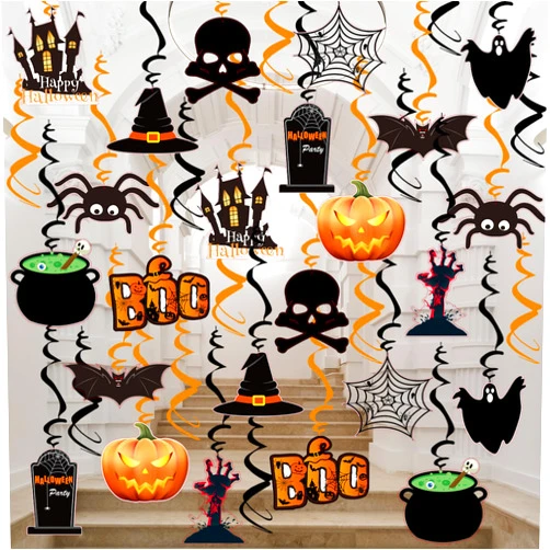 PartyGarden Halloween Hanging Swirl Decorations - 36 Pcs Hanging Halloween Spooky Ceiling Decor with Ghost Pumpkin Skull for Home Indoor Outdoor Party Office Halloween Party Decor Supplies