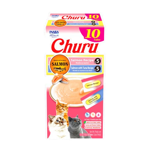 INABA Salmon Churu Cat Treats, Lickable, Squeezable Creamy Purée Cat Treat with Green Tea Extract & Taurine, 0.5 Ounces Each Tube, 10 Tubes, Salmon & Tuna Variety