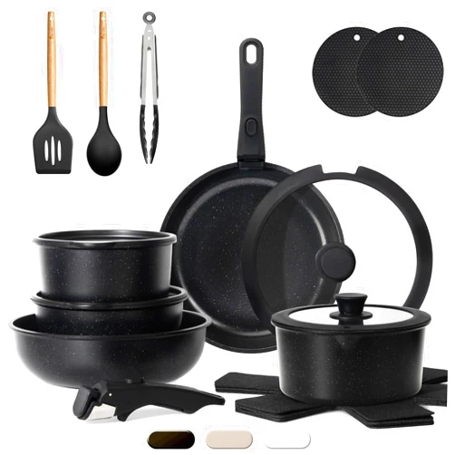 KIKCOIN 20 Pcs Pots and Pans Set Non Stick, Detachable Handle Cookware Sets Nonstick, Non Toxic Induction RV Kitchen Cooking Set with Removable Handles, Dishwasher/Oven Safe, Easy Clean (Black)