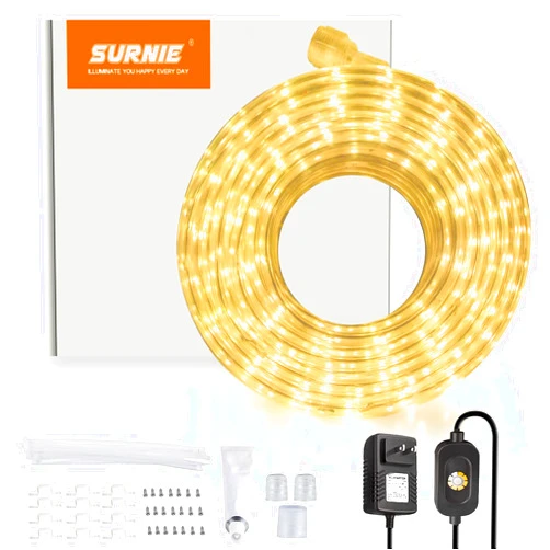 SURNIE LED Rope Lights Outdoor Waterproof - 50ft 3000K Soft White Strip Light 12V Low Voltage Clear Flat Flexible Cuttable Outside Indoor Decorative Lighting for Bedroom Patio Camping Deck Landscape