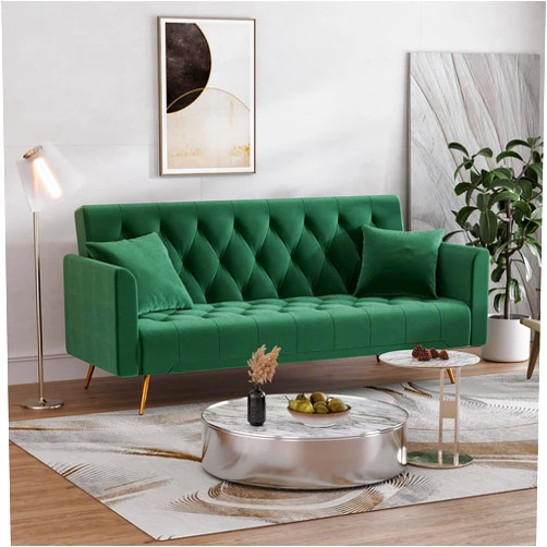 OUYESSIR Velvet Futon Sofa Bed with 2 Pillows, Convertible Futon Couch, Sturdy Sleeper Sofa in 71 inch, Small Futon Sofas (Green)