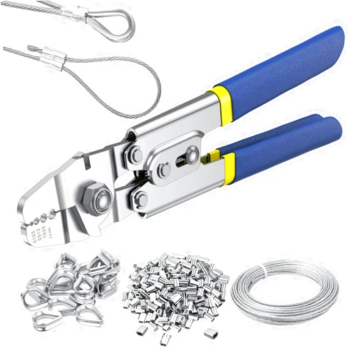 TOOGOND 100ft Wire Rope Crimping Tool Kit, Fishing Crimping Tool With 304 Stainless Steel Cable 7x7 Strand Core(1.5mm), 200Pcs 1/16''Aluminum Crimp Loop Sleeves And 20Pcs Wire Rope Stainless Steel Thimble