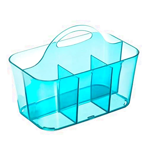 mDesign Plastic Portable Craft Storage Organizer Caddy Tote, Divided Basket Bin with Handle for Crafts, Sewing, Art Supplies - Holds Brushes, Colored Pencils - Lumiere Collection, Dark Aqua Blue Tint