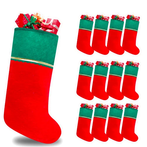 Subyan 12 Pack Felt Christmas Stockings, 19 Inches Red and Green Christmas Stocking Hanging Ornaments with Gold Trim for Family Christmas Holiday Decorations DIY Craft Large Xmas Stocking