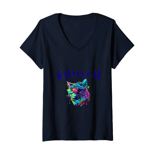 Purrfect Karma Apparel Womens Feline Karma: Whiskers of Good Fortune Cat Wisdom Rules NEW V-Neck T-Shirt