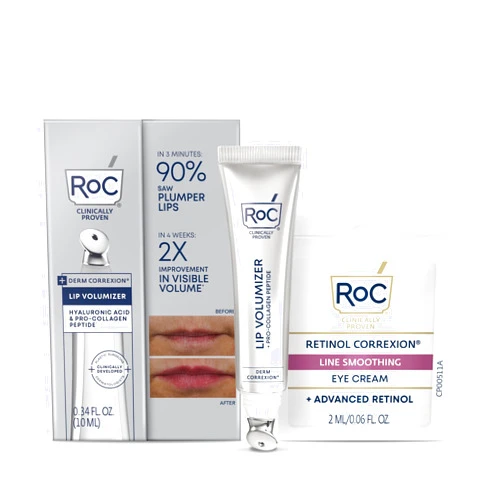 RoC Derm Correxion Lip Volumizer - Lip Plumper Peptide Treatment with Hyaluronic Acid & Vitamin E + Line Smoothing Eye Cream Packette