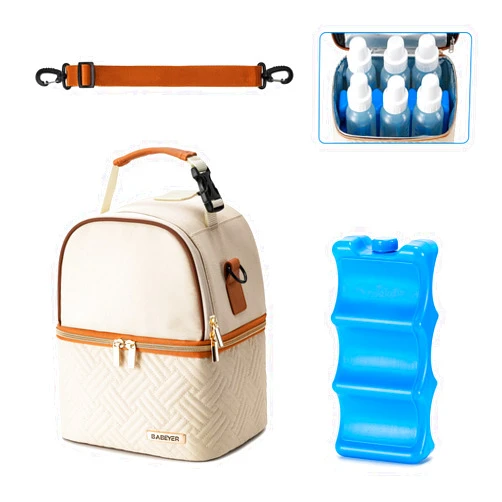BABEYER Breastmilk Cooler Bag with Ice Pack Fits 6 Baby Bottles up to 9 Ounce, Breast Milk Pump Cooler Bag with Shoulder Strap for Nursing Mom Daycare, Work, Travel- Cream