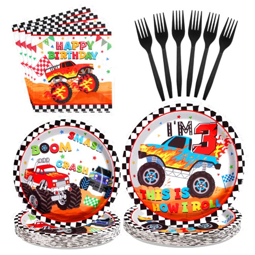 Grencian 96 Pcs Monster Truck 3rd Birthday Party Supplies 350 GSM Monster Truck Plates and Napkins Checkered Tableware Set Monster Birthday Decorations for 3rd Kids Boys Monster Truck Theme Party Serves 24