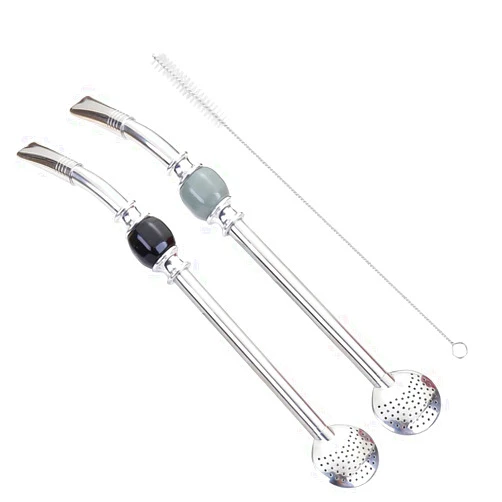Datconect Set of 2 Premium big Yerba Mate stainless steel straws 8.2'' long - Bombillas for Mate gourd drinking,removable head filter, with Cleaning Brush (Gray-Black 2+1)