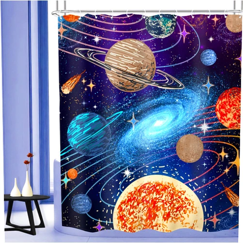 MESHELLY Kids Space Planet Shower Curtain 60Wx72H Galaxy Solar System Universe Stars Cartoon Cute Bathroom Curtain for Boys Children Bath Curtain Cloth Fabric Bathroom Accessories Decor with 12 Hooks