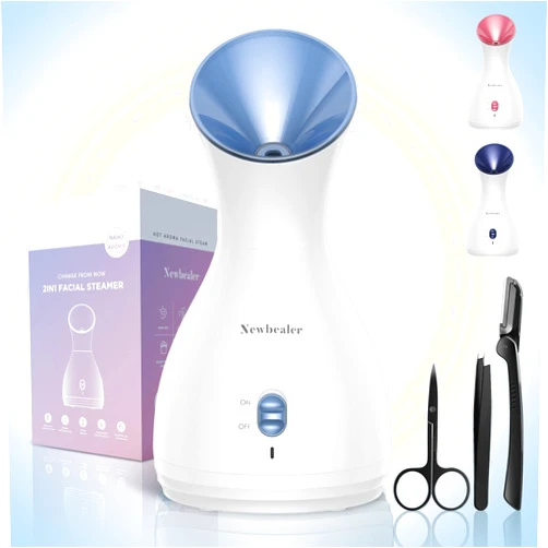 Newbealer 2in1 Facial Steamer, Hot Mist Facial Aromatherapy Humidifier Atomizer, Large Face Steamer Unclogs Pores Sinuses Moisturizing, Home Sauna Spa with Eyebrow Set (Blue, 170 ml)