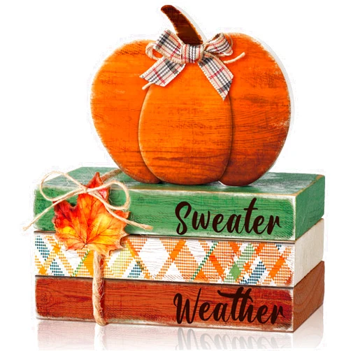 FairySandy 4 Pcs Thanksgiving Tiered Tray Decor Pumpkin Wood Book Stack with Wooden Sign Autumn Fall Stacked Book Pumpkin Decor Bundle for Home Table Shelf Centerpiece Farmhouse Decorations