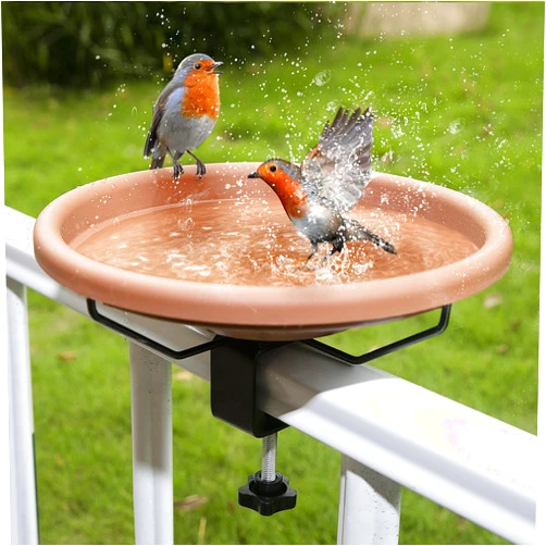 Hanizi Bird Bath Deck Mounted Bowl 12 Inches, Balcony Railing Birdbaths Unheated, Bird Bath Fence Clamp Detachable
