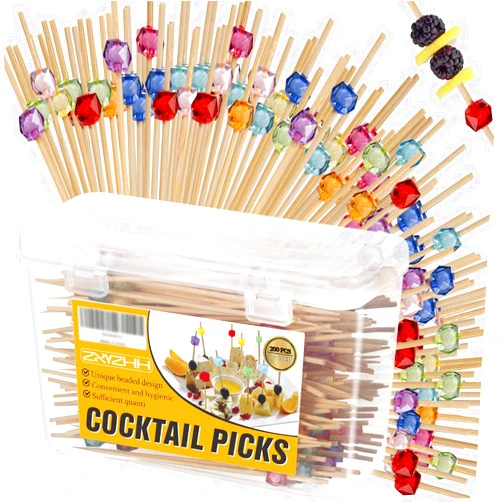 ZXYZHH 200 Pieces Toothpicks for Appetizers - Multicolor Bamboo Long Cocktail Picks for Appetizer Skewers Fancy Food Toothpicks with Storage Box