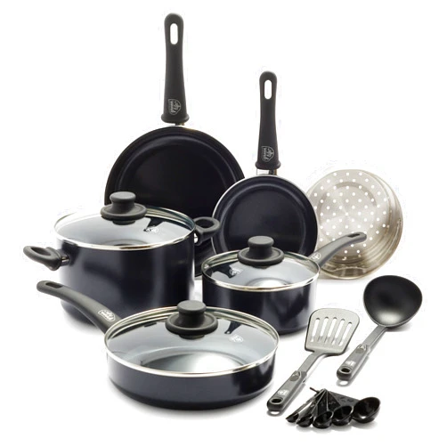 GreenLife Soft Grip Healthy Ceramic Nonstick 12 Piece Kitchen Cookware Pots and Frying Sauce Saute Pans Set, PFAS-Free with Kitchen Utensils and Lid, Dishwasher Safe, Black