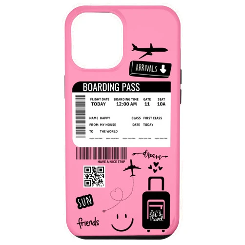 Annalisse Designs Co. iPhone 15 Pro Max Cute Airplane Boarding Travel Pass Happy Doodle Pink Case