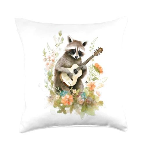 Whimsical Animal Botanical Cottagecore Designs Racoon Playing Banjo Cottagecore Aesthetic Naturecore Throw Pillow, 18x18, Multicolor