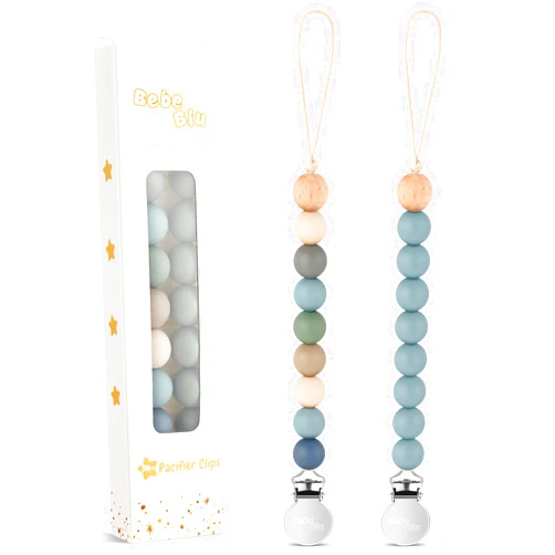 BebeBiu 2 Pack Pacifier Clips, Silicone Pacifier Clip for Baby Boys and Girls, Baby Pacifier Strap with Silicone Beads, Soother Dummy Holder, Pacifier Holder, Keeps Pacifier Clean (Wilderness/Ether)