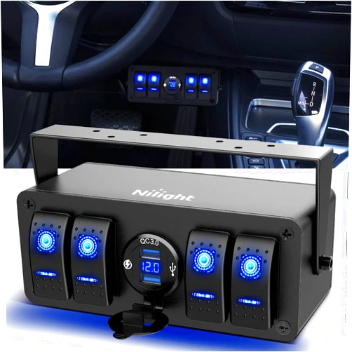 Nilight 4 Gang Rocker Switch Box 12V SPST ON Off Switch QC 3.0 USB Charger Voltmeter Waterproof Aluminum Rocker Switch Panel Night Glow Stickers for Boats Cars RVs Trucks, 2 Years Warranty,Blue