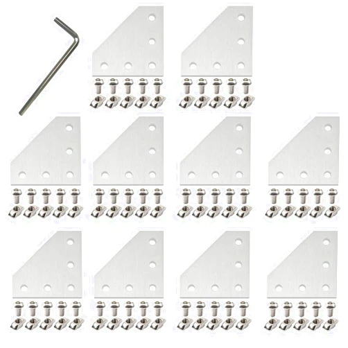 Baykailin 10Pcs 2020 Corner Bracket Joint Plate L Shape 5 Hole Aluminum Extrusion Connector with 50Pcs T-Nuts, 50Pcs Screws and 1Pcs Wrench for 20 x 20mm Series Aluminum Extrusion Profile Silver
