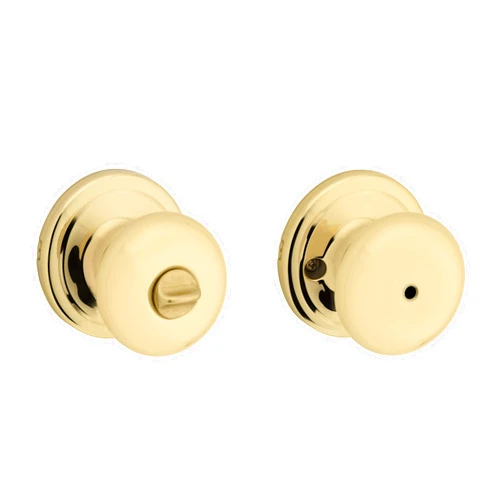 Kwikset Juno Interior Privacy Door Knob with Lock, Door Handle For Bathroom and Bedroom, Polished Brass Keyless Turn Lock Doorknob