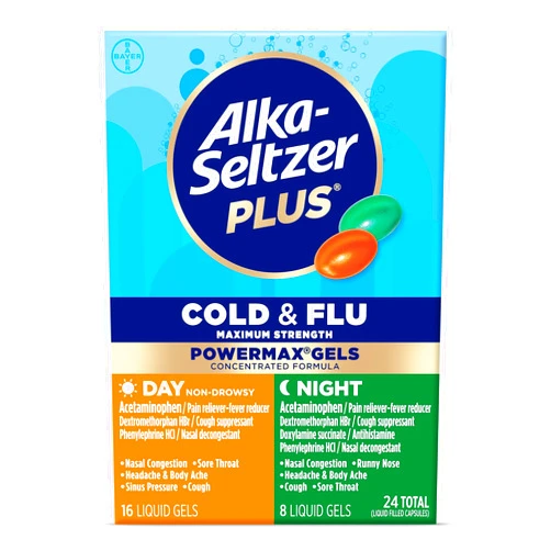 Alka-Seltzer Plus Power Max Cold and Flu Medicine, Day+Night, - Maximum Strength (Per 4 Hour Dose) Relief Cold and Flu Medicine for Adults and Children 12 Years and Older, 24 Count, Packaging May Vary