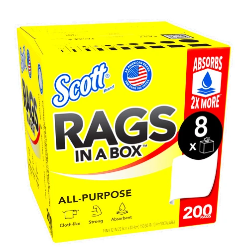 SCOTT SHOP ORIGINAL Scott® Rags In A Box™ (75260), White, 200 Shop Towels/Box, 8 Boxes/Case, 1,600 Towels/Case