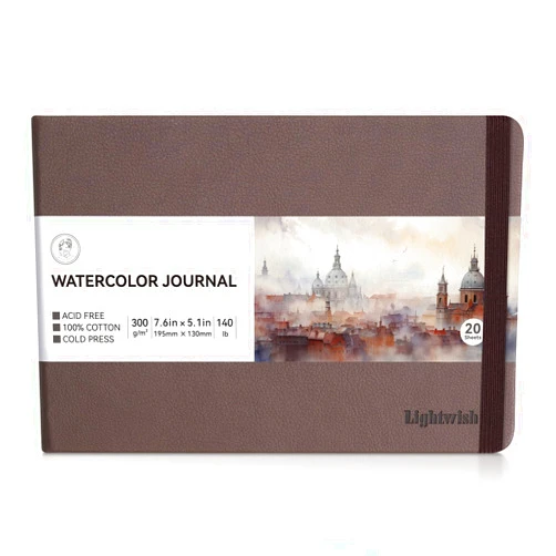 Lightwish Watercolor Journal, 100% Cotton Cold Press Watercolor Paper Sketchbook 7.6” x 5.3”, 20 Sheets (140lb/300gsm), Acid-Free for Watercolors, Gouache, Acrylics