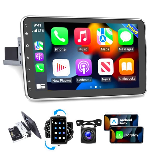 EKAT [2G+64G] 10.1 inch Android 13 Single Din Car Stereo Touch Screen Vertical Radio Rotatable Head Unit, Wired&Wireless CarPlay/Android Auto/Hi-Fi/Bluetooth/1080P/SWC/GPS+AHD Backup Camera+ MIC