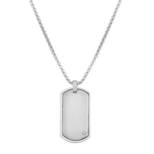 Geoffrey Beene Stainless Steel Men's Engravable Dog Tag Pendant Box Chain Necklace with Cubic Zirconia Stone