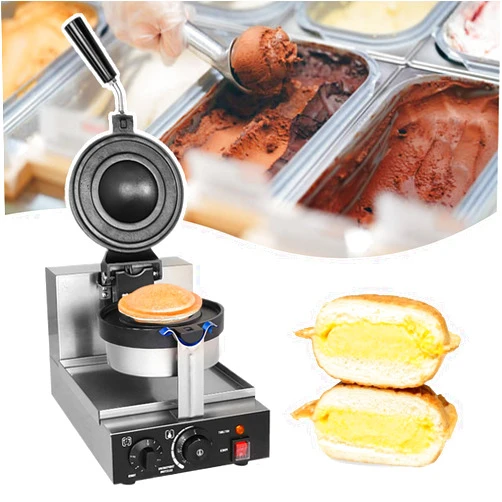 Generic Commercial Ice Cream Waffle Baker Machine,Single Head Hot Press Hamburger Toaster,Adjustable Temperature 50-300℃ - 5 Min Timer - Double Sided Heating - Non Stick Coating,for Mobile Vendors