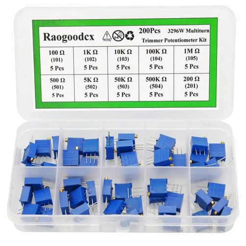 Raogoodcx 50Pcs 100 to 500K ohm 3296W Multiturn Trimmer Potentiometer Assorted Kit Variable Resistor 10 Value