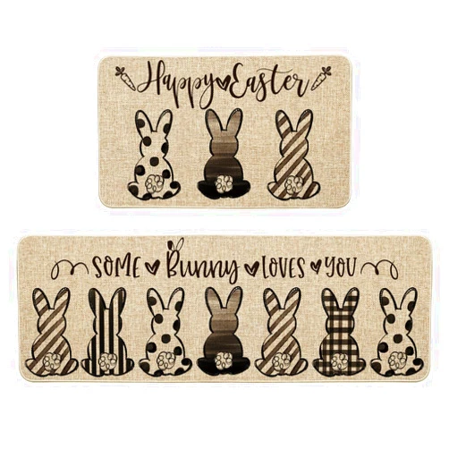 Artoid Mode Stripes Dots Bunny Rabbits Happy Easter Kitchen Mats Set of 2, Spring Home Decor Low-Profile Kitchen Rugs for Floor - 17x29 and 17x47 Inch